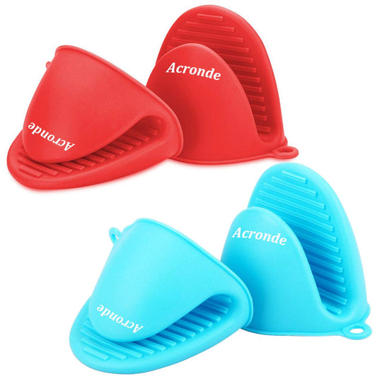 2 Pairs Mini Oven Gloves Silicone Heat Resistant Cooking Pinch Mitts Potholder for Kitchen Cooking & Baking (Red and Blue)