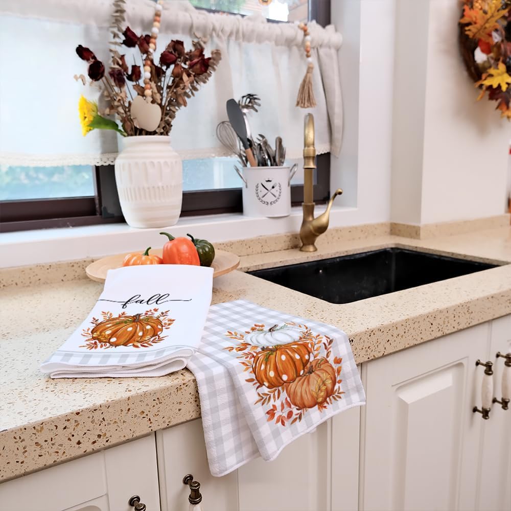 Fall Kitchen Towels Set of 2,Orange Pumpkin Grey Buffalo Check Autumn Dish Towels 18x26 Inch Drying Dishcloth,Farmhouse Home Decoration AD118