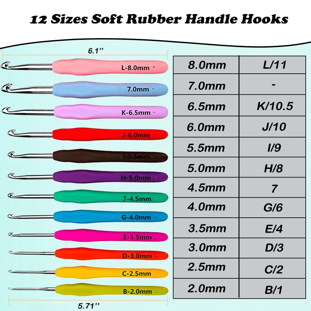 Yarniss 12 Size Crochet Hooks 2.0mm~8.0mm, Ergonomic Crochet Hooks Set with Case, Crochet Needle Tools for Beginner