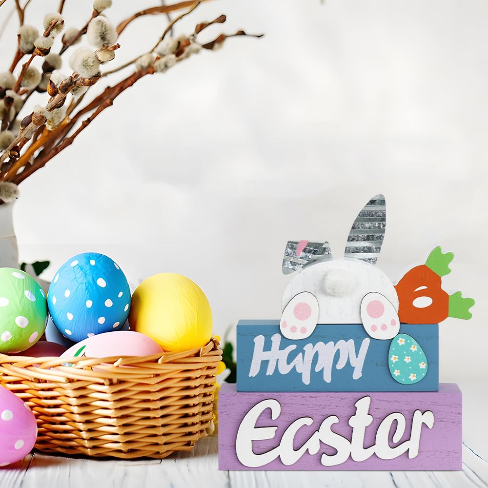 Easter Decorations, 3-Layered Easter Bunny with Carrots Farmhouse Wood Block Easter Decor, Happy Easter Sign Easter Egg Design Easter Decorations Indoor for Home, Living Room, Tables, Mantel
