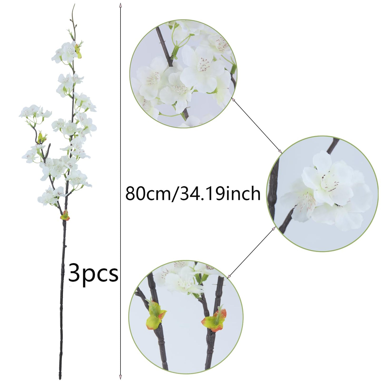 CITYES 3 Pcs Artificial Cherry Blossom Branches Flowers White Silk Peach Flowers Bulk Faux Spring Branches Arrangement Fake Cherry Stems for Indoor Outdoor Party DIY Wedding Table Vase Decor