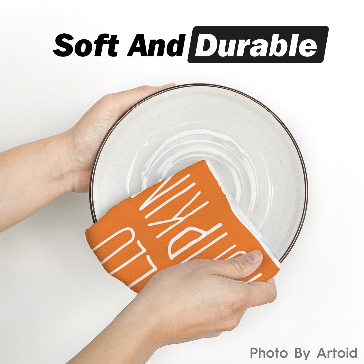 Artoid Mode Orange Polka Dot Stripes Hello Pumpkin Fall Kitchen Towels Dish Towels, 18x26 Inch Farmhouse Decoration Hand Towels Set of 2