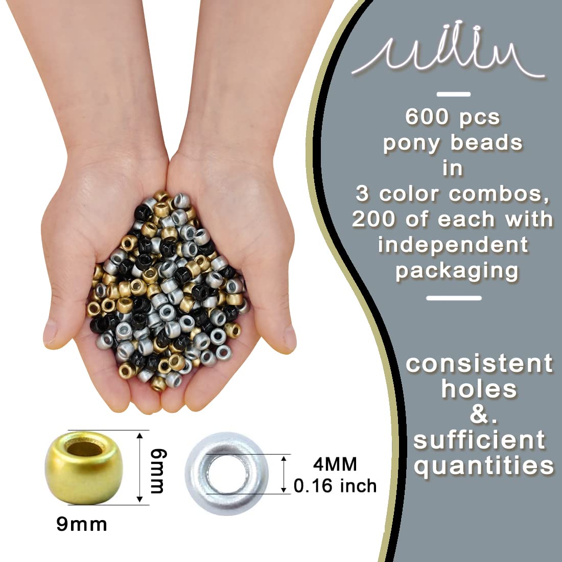 600PCS 6x9mm Pony Beads Bulk, Silver and Gold Pony Beads for Bracelets Making Kit, Kandi Beads, Hair Beads for Braids, Craft Beads for Jewelry Making (Gold)