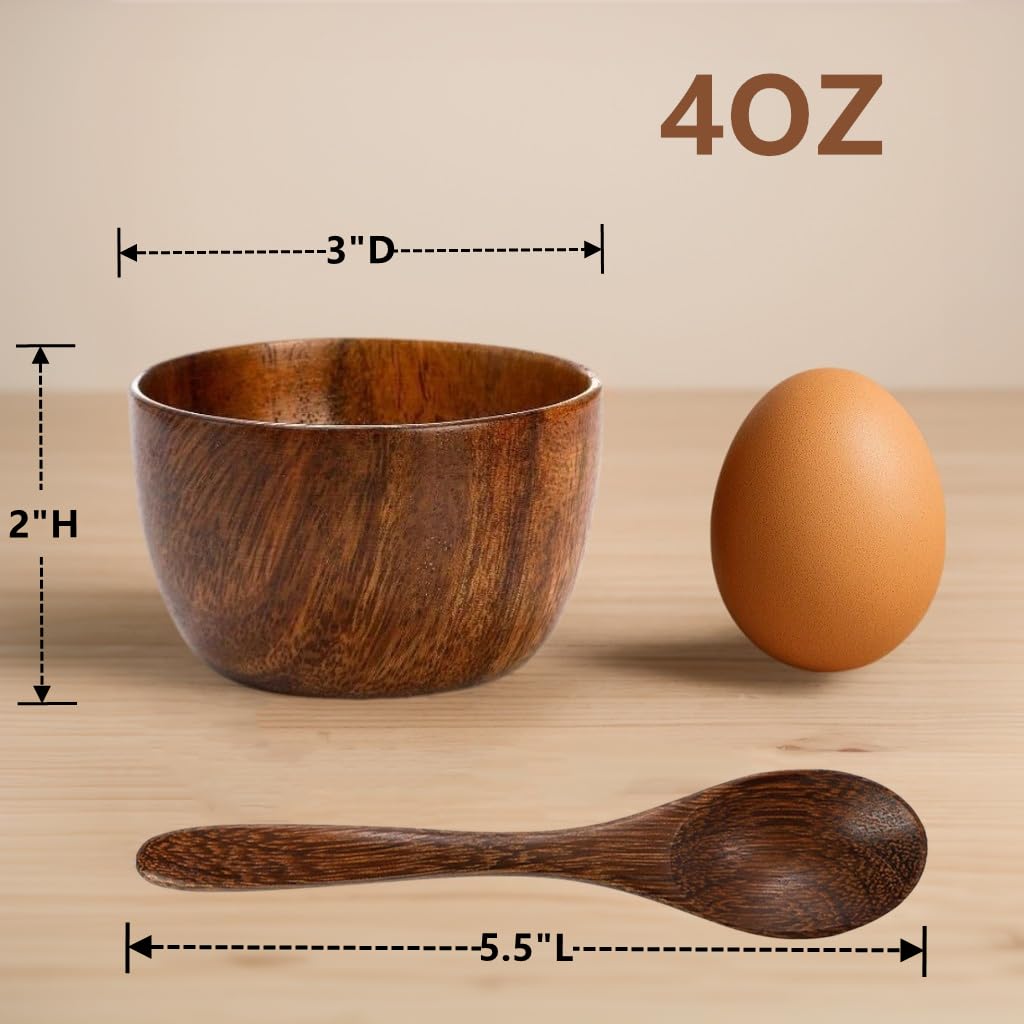 Set of 4 Acacia Wooden Bowl, 4 Oz Small Dipping Sauce Bowl with Spoon, 3 Inch Charcuterie Dish, Soup Water Cup for Condiments, Jam, Nuts, Appetizer, Snack, Yogurt
