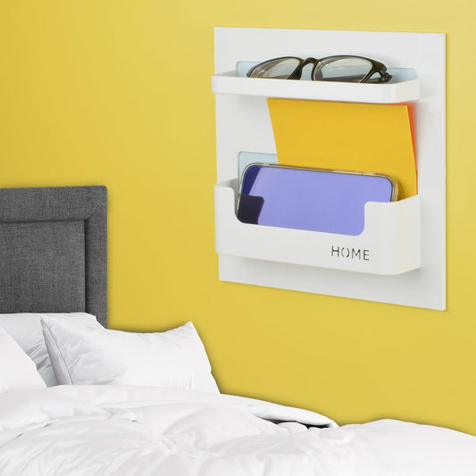 Bedside Shelf - Stick On Wall Mounted Bed Room,Dorm,Office Adhesive Floating Accessories Caddy Organizer/Holder for Phone,Glasses,Remote Control,Keys,Pens - Plastic Material- White