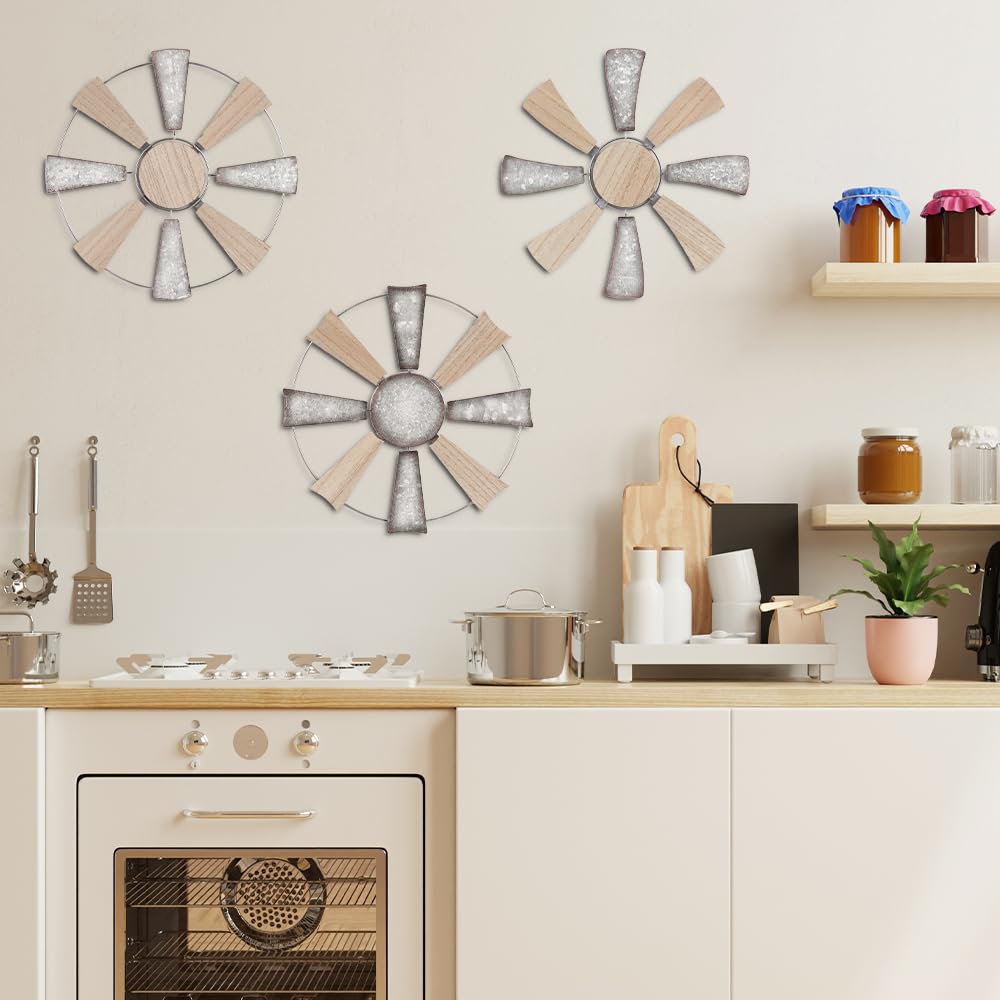 YEAHOME Farmhouse Wall Decor, 3 PCS 11" Wood Metal Windmill Wall Art for Rustic Farmhouse Decor, Western Country Home Decor for Kitchen, Living Room, Bathroom, House