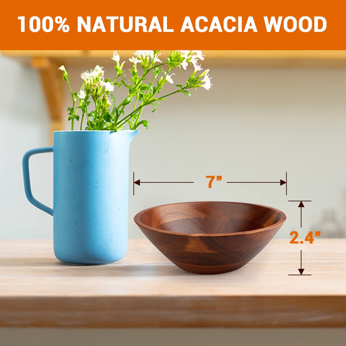Acacia Wooden Serving Bowls, 7 Inch Set of 4 for Salad, Soup, Noodle and More