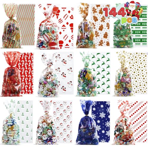 JOYIN 144 PCS Christmas Cellophane Bags with Ribbon Candy Cookie Bags for Holiday Treats, Christmas Party Favors Supplies, Christmas Clear Cello Gift Bags, Xmas Goodie Bags