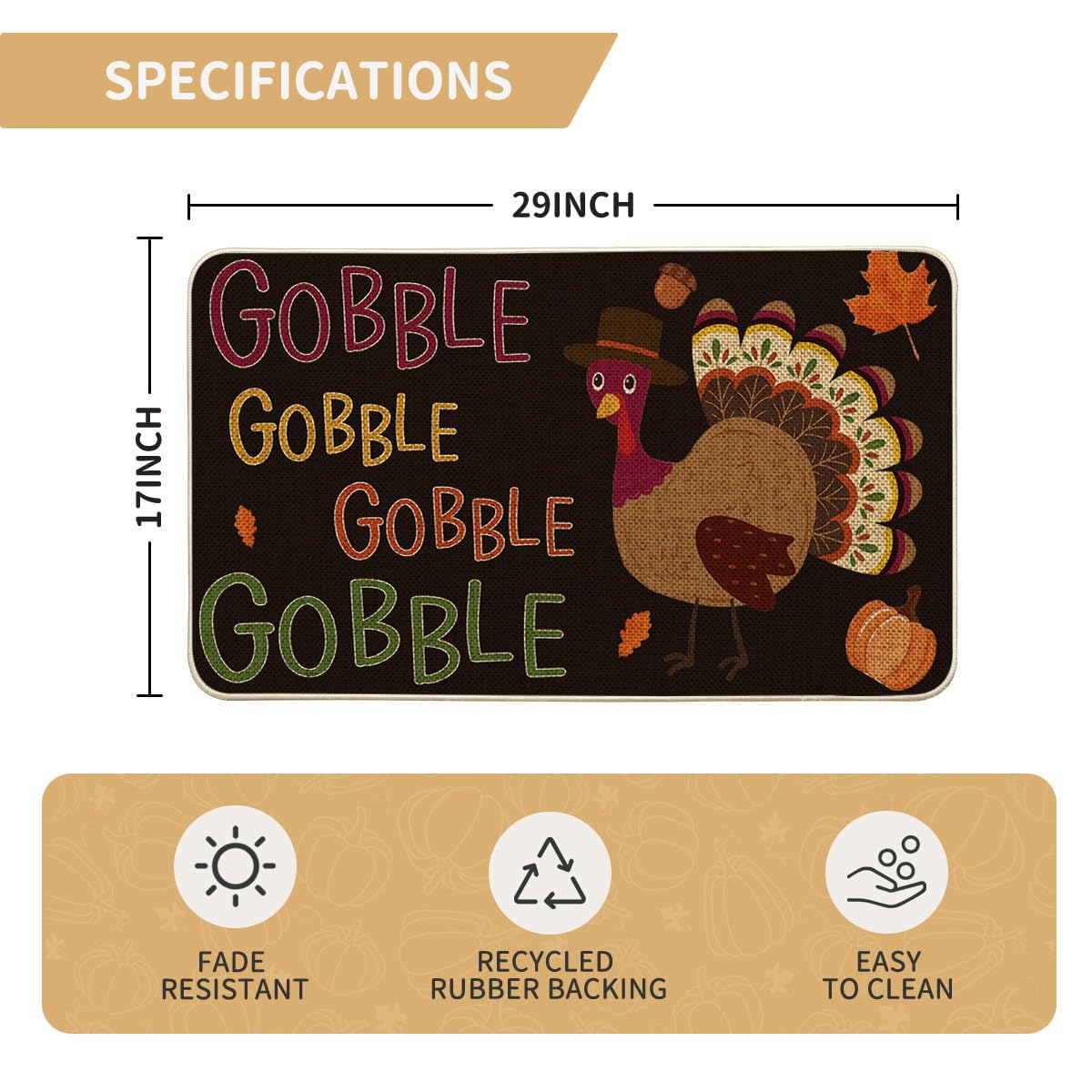 Artoid Mode Black Gobble Turkey Thanksgiving Doormat, Seasonal Fall Holiday Party Low-Profile Floor Mat Switch Mat for Indoor Outdoor 17 x 29 Inch