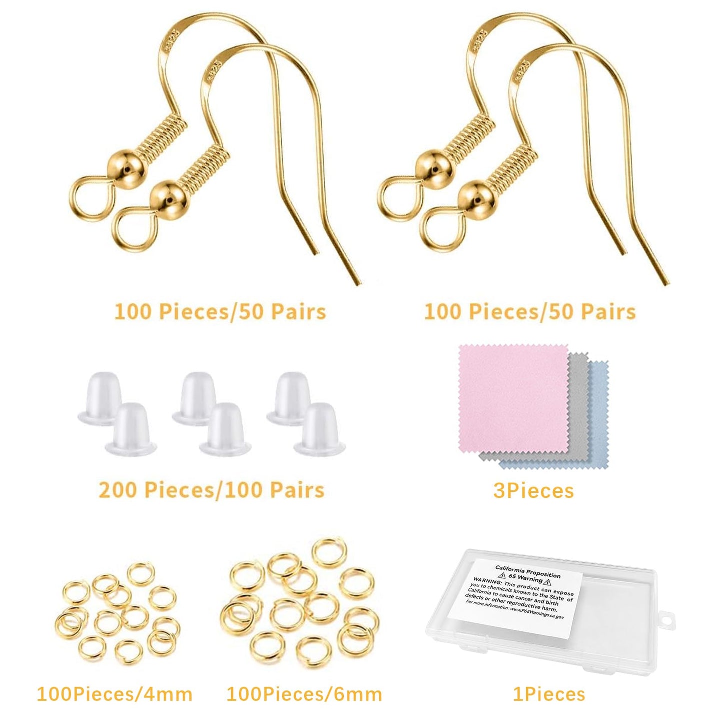 925 Sterling Silver Earring Hooks 200 PCS, Gold Earring Hooks for Jewelry Making, Hypoallergenic Fish Hook Earrings Making Kit, DIY Earring, with 200PCS Earring Backs and 200PCS Jump Rings