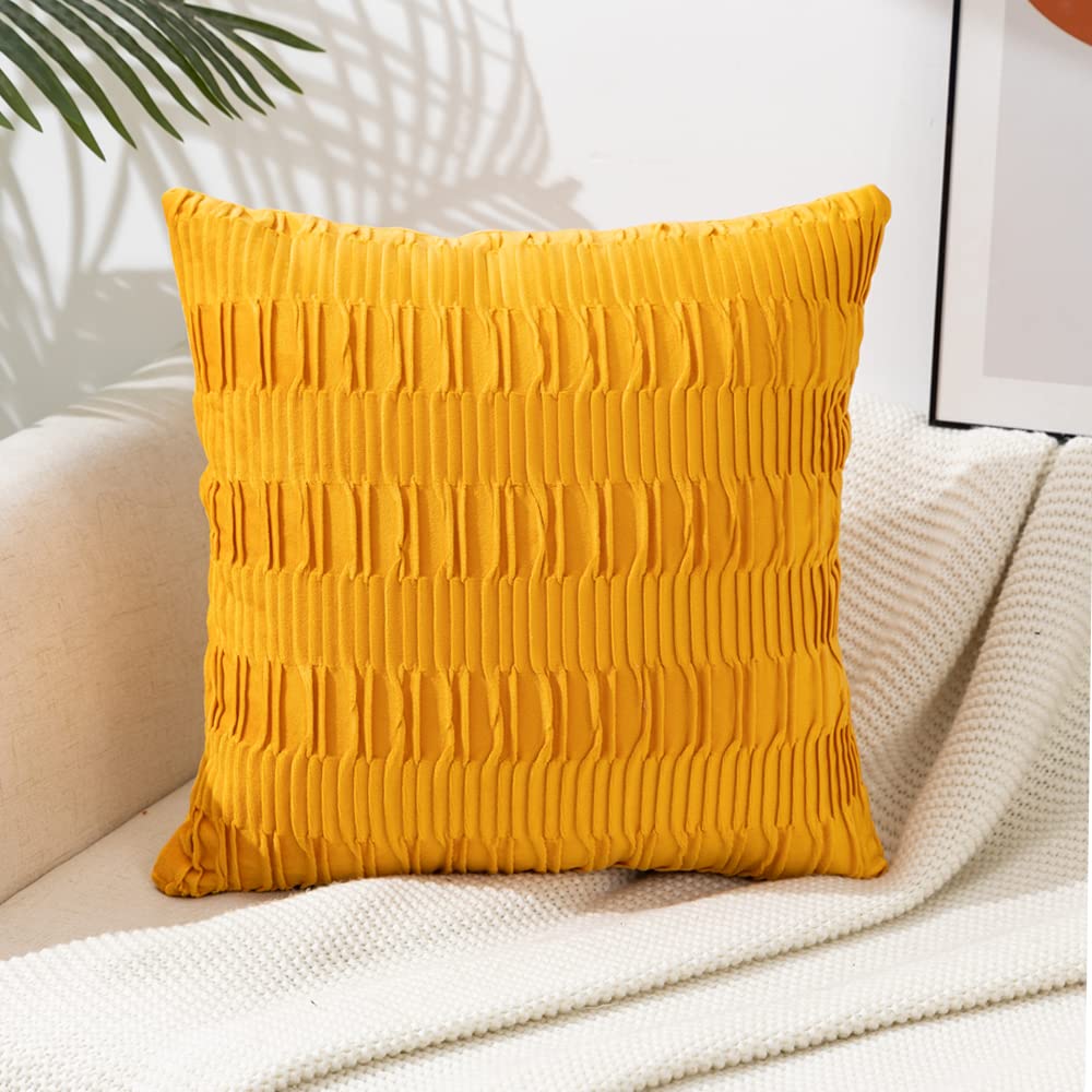ETASOP Fall Throw Pillow Cases, Set of 2 Striped Yellow Cushion Cases Velvet Pillow Covers for Farmhouse Home Decor, 16x16 Inch
