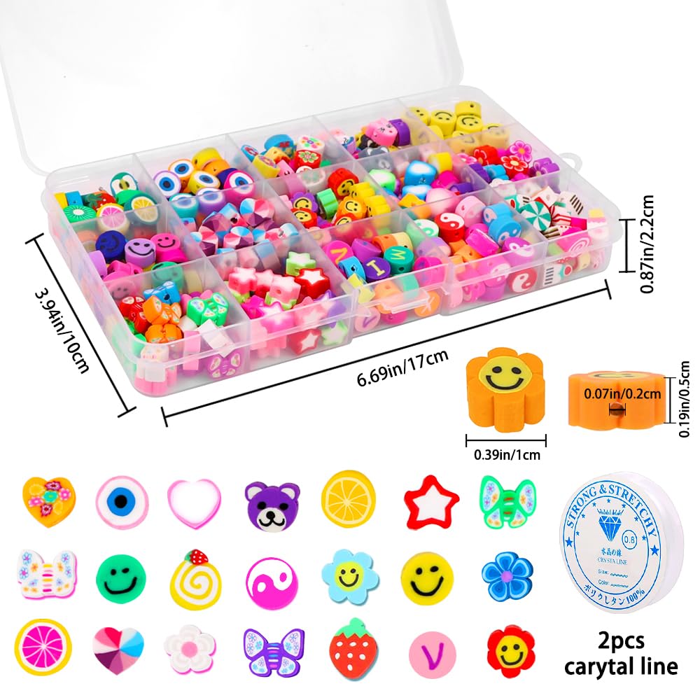 DULEFUN 300PCS Clay Beads Charms,Fruit Flower Letter Beads Soft Beads for Women Girls Bracelet Making DIY Bracelet Necklace Earring Accessories with 4m Crystal Elastic String