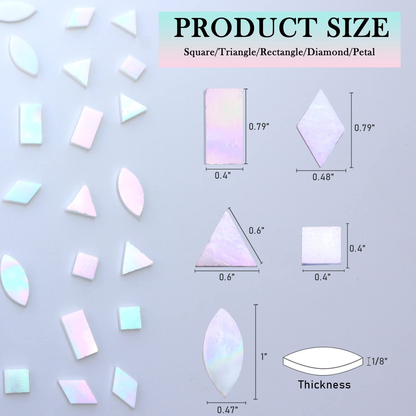 LITMIND Iridescent Glass Mosaic Tiles for Crafts, 240 Pieces 5 Shapes Mixed Stained Glass Sheets, Mosaic Kits for Adults (Iridescent White)