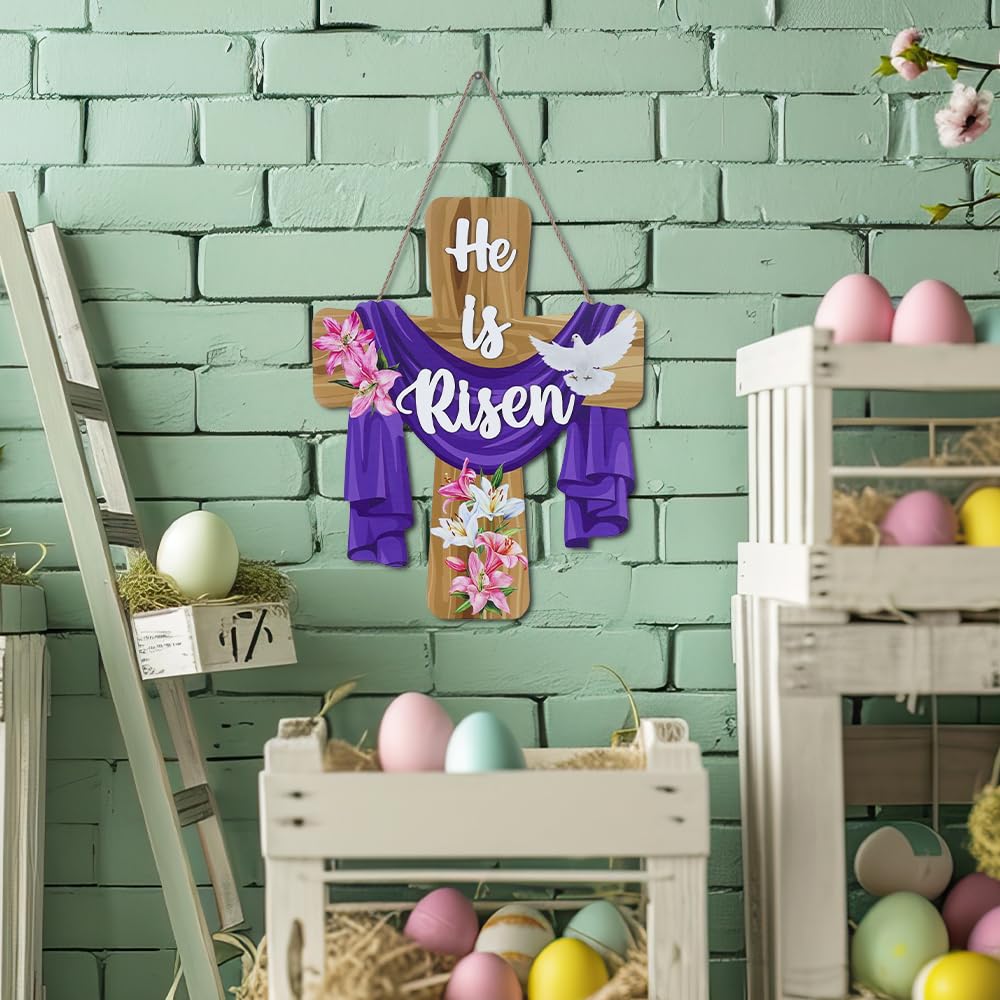He is Risen Easter Decorations, Wood Cross Wall Signs, Wooden Wreaths for Front Door, Christian Jesus Lily Flowers Dove Hanging Crafts for Spring Home Farmhouse Party Porch Mantel Window Decor