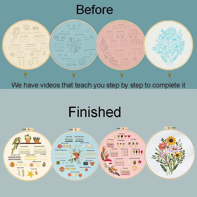 Hand Embroidery Kit for Beginners, 4 Sets Learn to Floral Patterns Simple Beginner Starter kit for Adults, 33 Stitches Easy Embroidery Practice Kit, 7.8inch Hoop