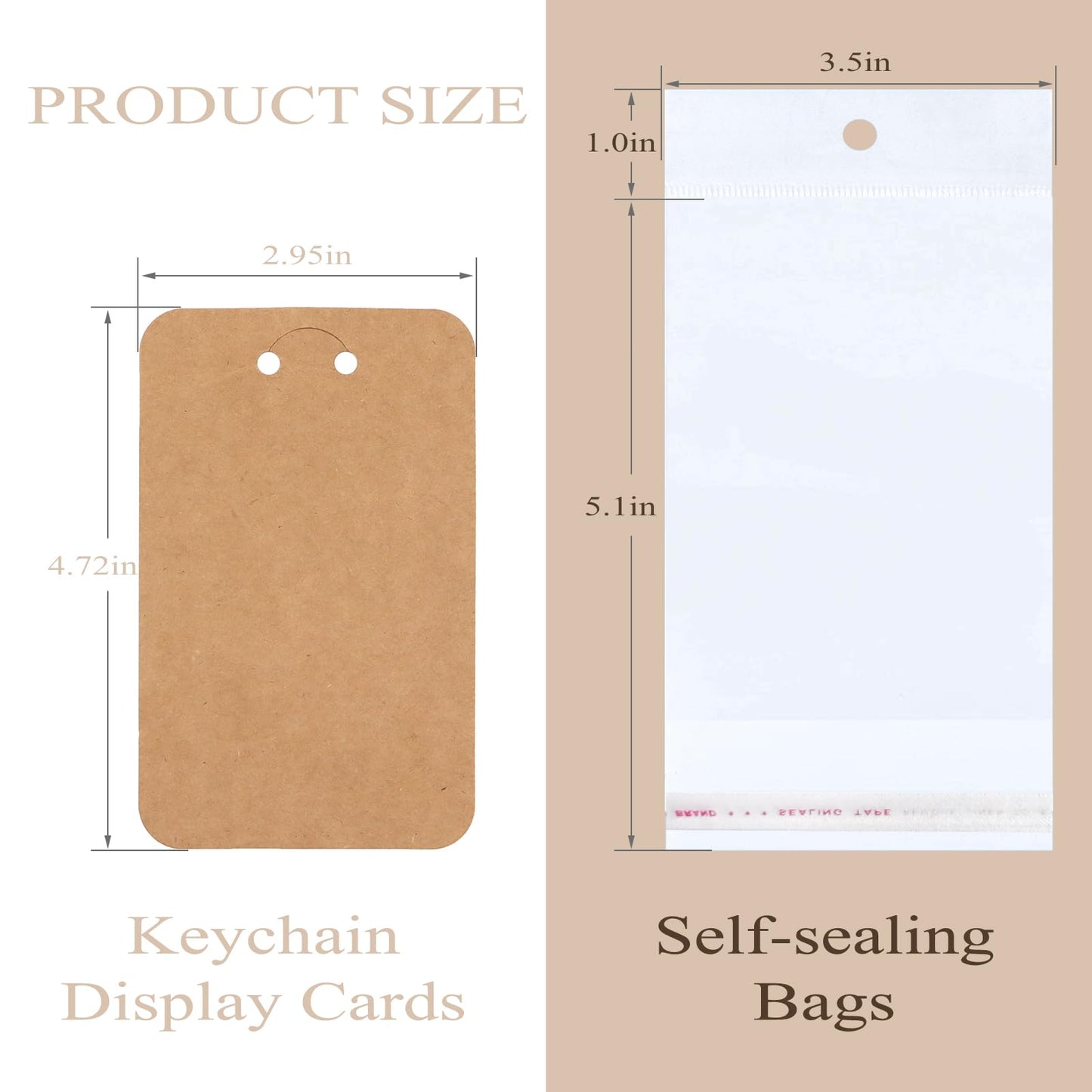 ZYNERY 100 PCS Keychain Display Cards, 3 x 4.7 Inch Keychain Holder with Self-Sealing Bags, Card Display Rack for Displaying Keyring Jewelry Bulk Keychains Packaging Supplies (Brown)