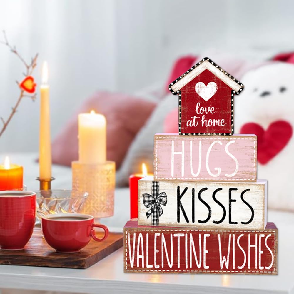 4Pcs Valentine's Day Table Decoration Valentine House Wooden Block Signs Rustic Valentine Tiered Tray Decor Valentines Day Centerpiece Sign for Farmhouse Holiday Tabletop Home Party Decor