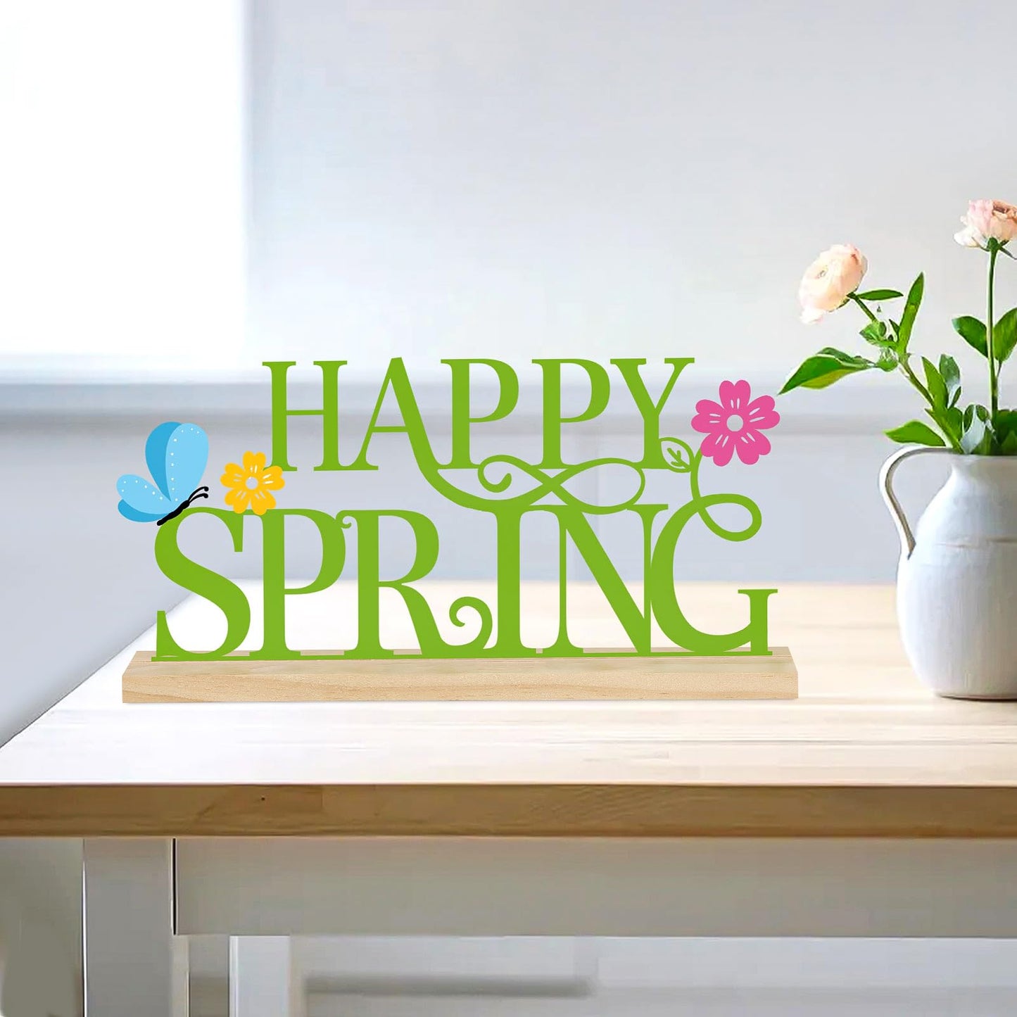 Metal Happy Spring Sign, Spring Decorations for Home, Office, Shelf, Mantel, Indoor, Spring Flower Decor, Spring Butterfly Table Top Party Decoration (Spring)