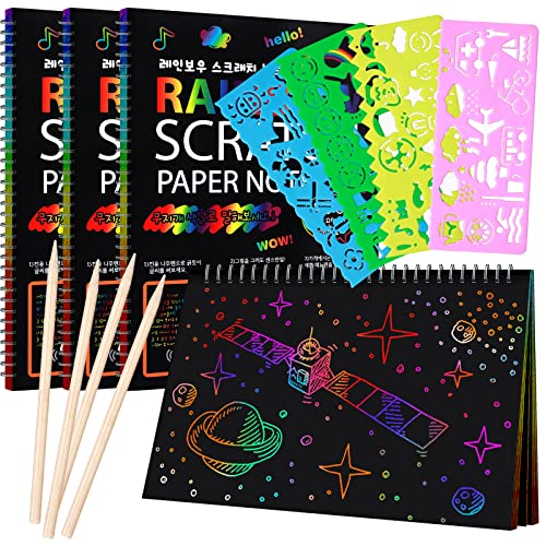 4 Pack Scratch Arts Drawing Notebook for Kids Drawing Pad, Large Rainbow Scratch Drawing Paper Set for Kids Art Supplies (with 4 Wooden Stylus & 4 Drawing Stencils）