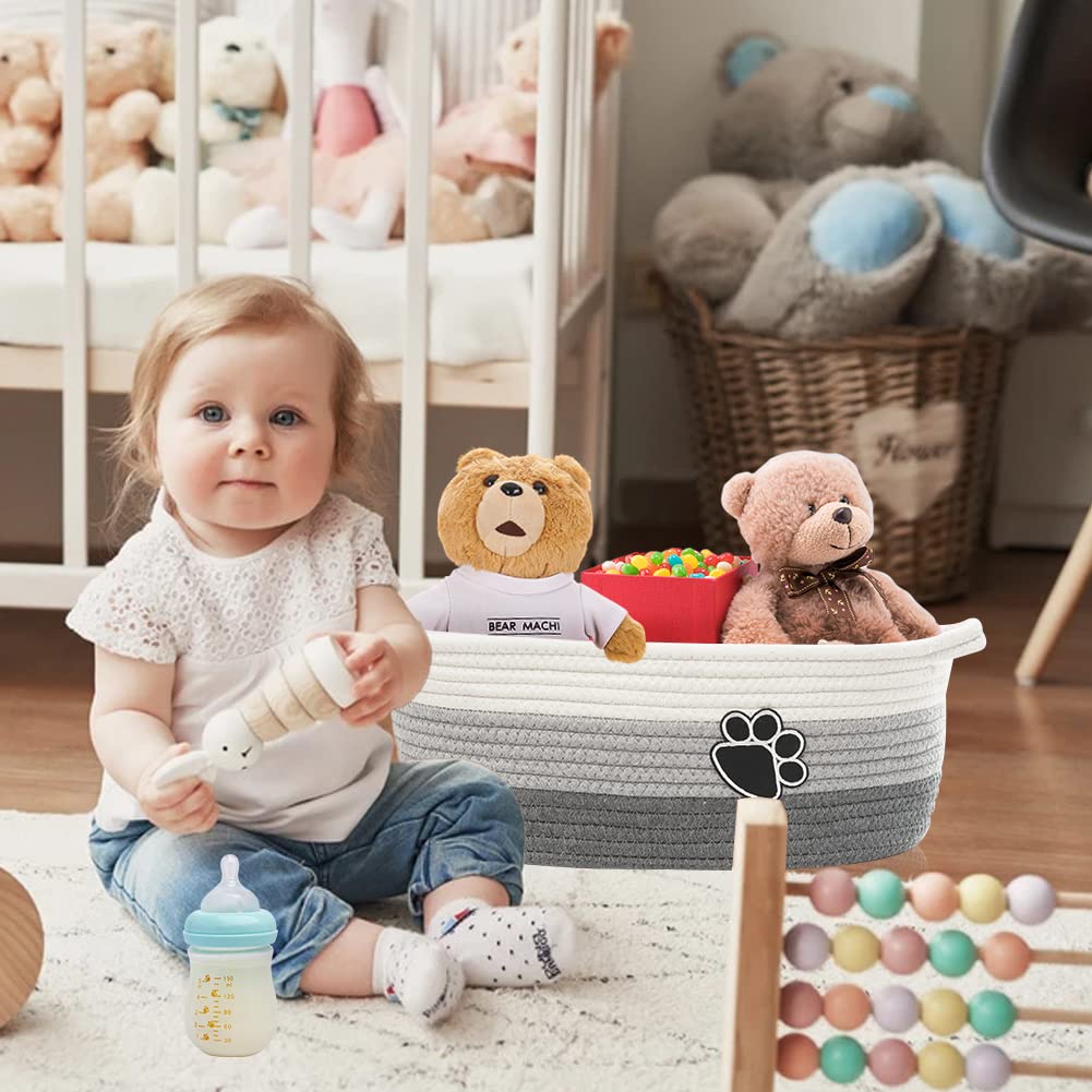 Small Woven Baskets for Organizing Rope Storage Basket with Handle Cute Cotton Basket for Nursery Gift Dog Toy Storage Bins for Toy Organizer Grey-white