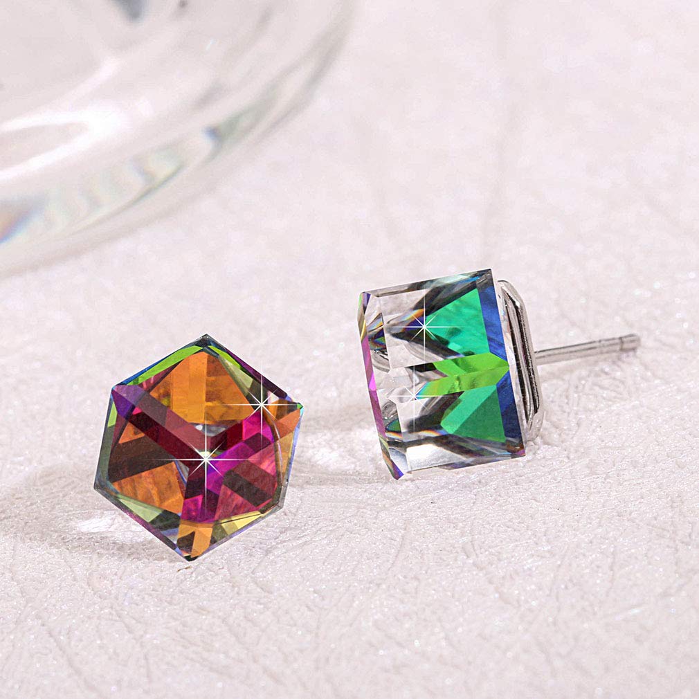 Cube Austrian Crystal Drop Stud Earrings for Women Fashion S925 Sterling Silver Hypoallergenic Jewelry (Rainbow)