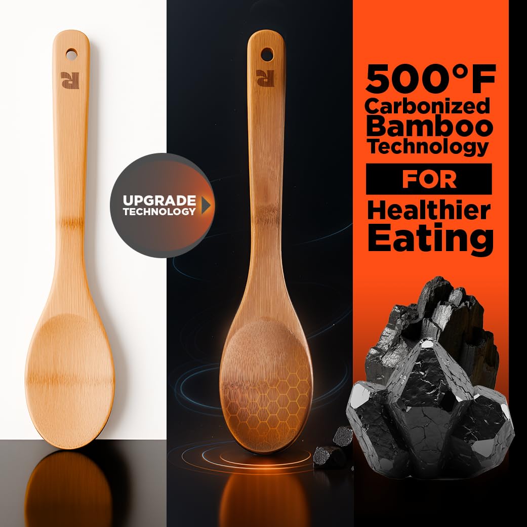 Dark Bamboo Wooden Spoons for Cooking 6-Piece, Apartment Essentials Wood Spatula Spoon Nonstick Kitchen Utensil Set Premium Quality Housewarming Gifts for Everyday Use