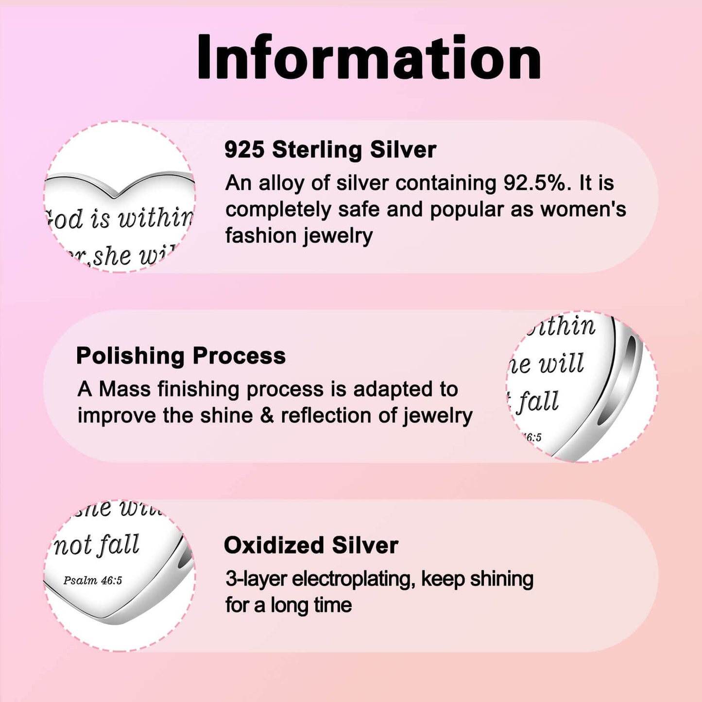 LUXILLA "God is within her, she will not fall Psalm 46:5" Charm Silver Charms 925 Sterling Silver fits Bracelets Necklace Pendant Bead Charms Jewelry Gift