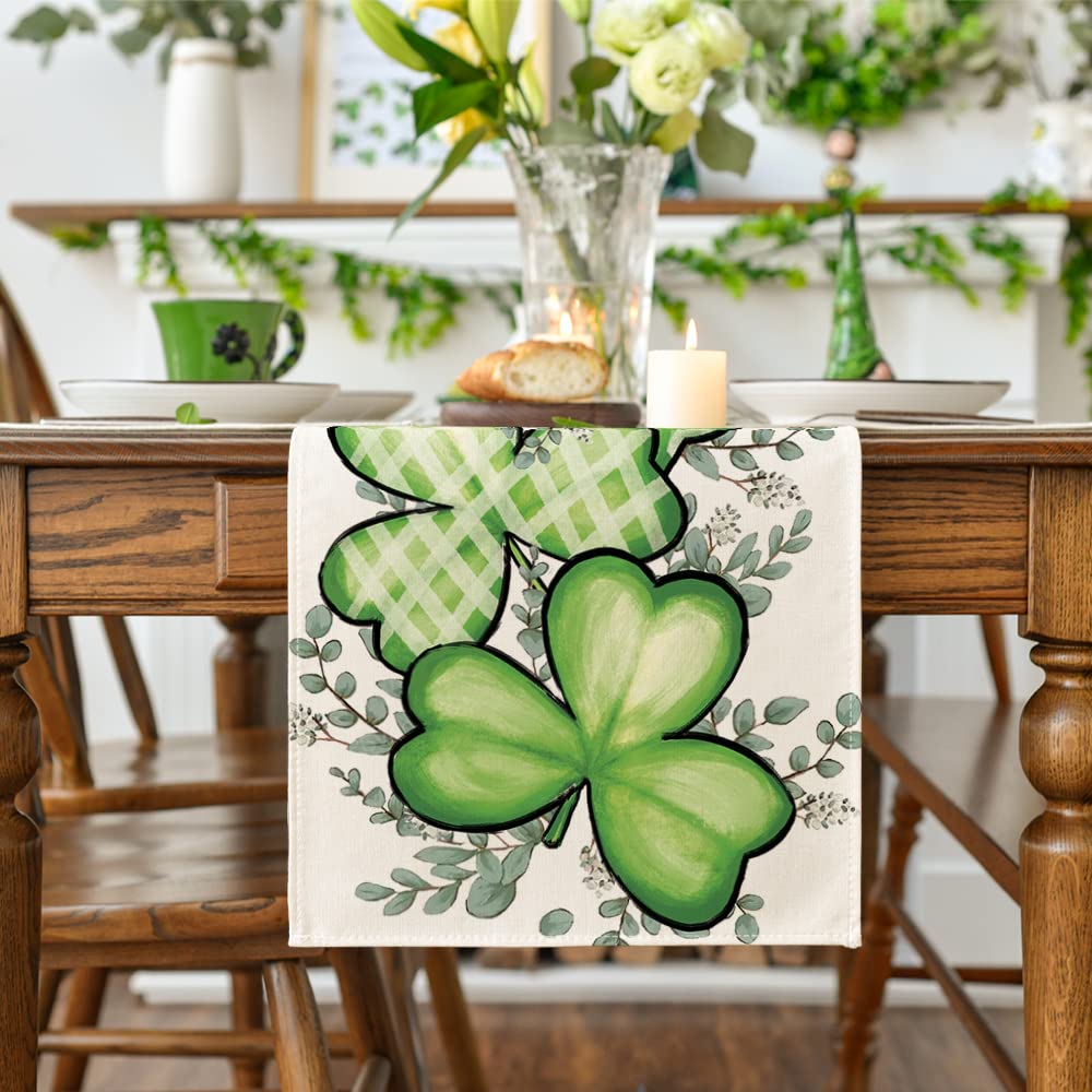 Clover Shamrocks Eucalyptus Buffalo Plaid St.Patrick's Day Table Runner, Seasonal Kitchen Dining Table Runner for Home Party Decor 13x36 Inch