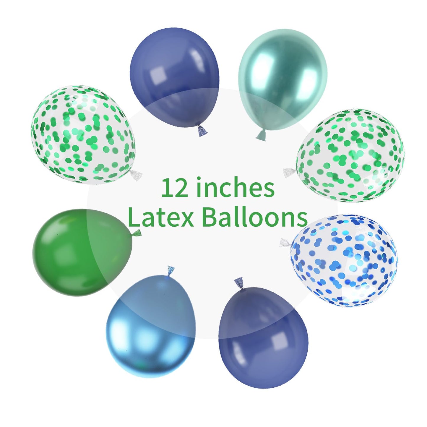 Blue and Green Balloon Set, 12 Inch Navy Blue Dark Green Balloon Metallic Chrome Green Blue Balloons, Confetti Green Blue Balloons for Jungle Safari Theme Boys Birthday Party Decorations