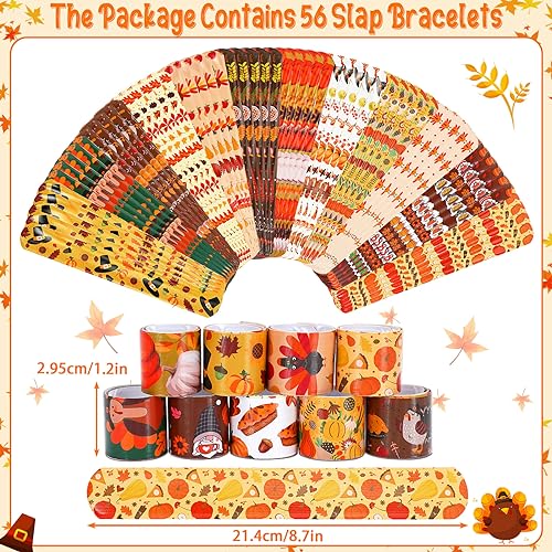 Thanksgiving Slap Bracelets, 56 Pcs Thanksgiving Gifts for Kids Autumn Maple Leaf Turkey Pumpkin Snap Bracelets Wristbands for Fall Party Favors Decorations Student Classroom Prizes