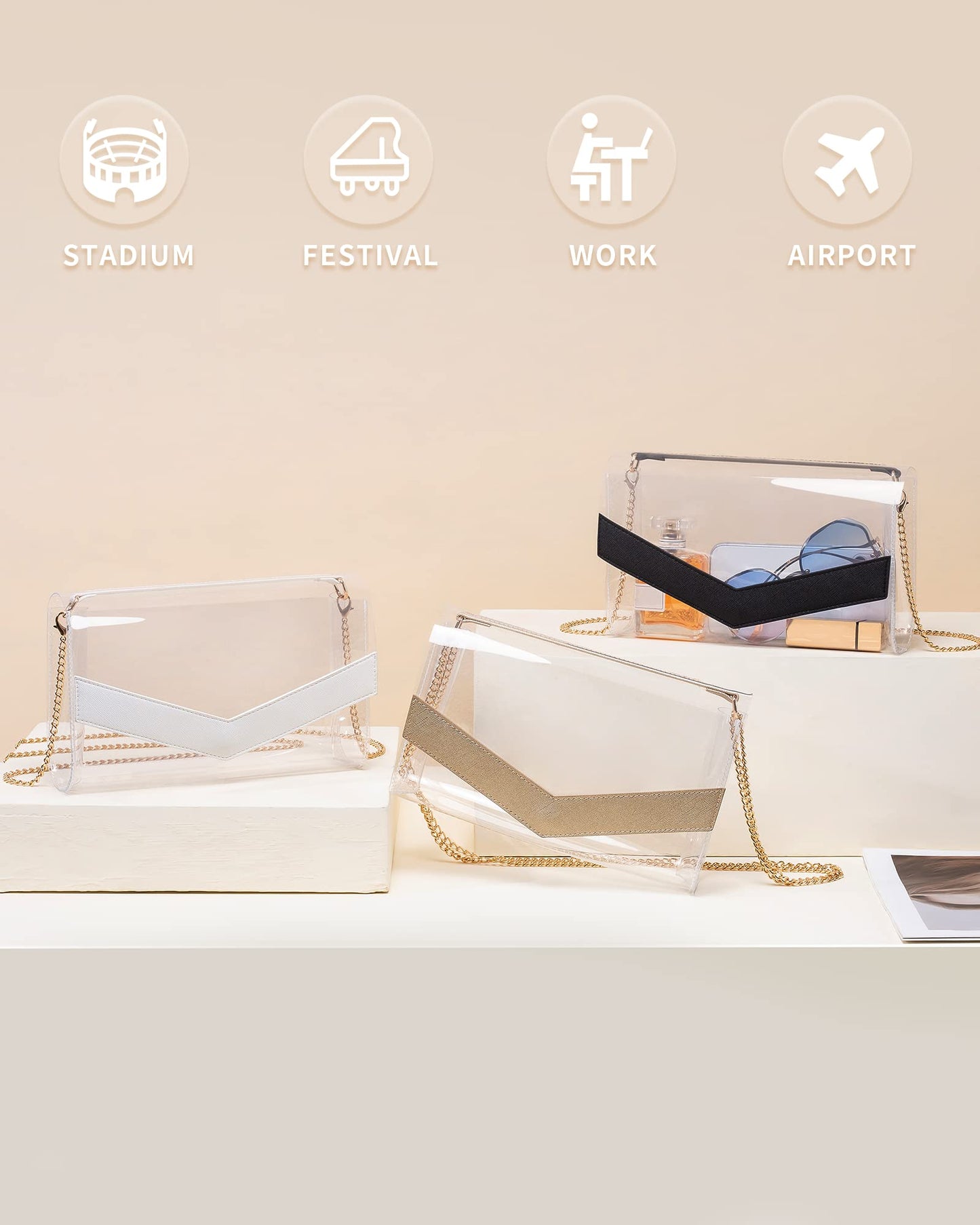 Vorspack Clear Bag Stadium Approved - Cute Clear Purse for Women PVC Clear Crossbody Bag for Sports Concert Festival - Gold