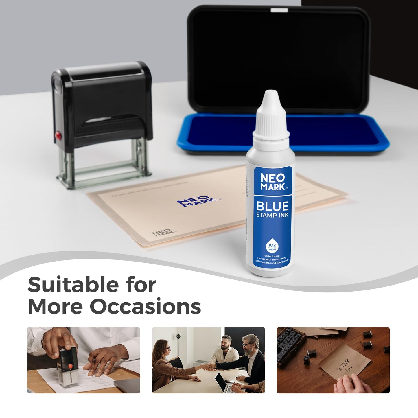 NEO MARK Premium Stamp Ink, Quick-Drying and AP-Certified Non-Toxic Refill Ink for Self-Inking Stamps, Date Stamps and Stamp Pads(Blue, 1oz)