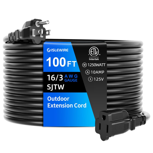 100 FT Outdoor Extension Cord Waterproof, Black, 3-Prong Power Cord, 16 AWG SJTW, 10A 1250W, Grounded, General Purpose Long Extension Cord for Lawn & Garden, ETL Listed