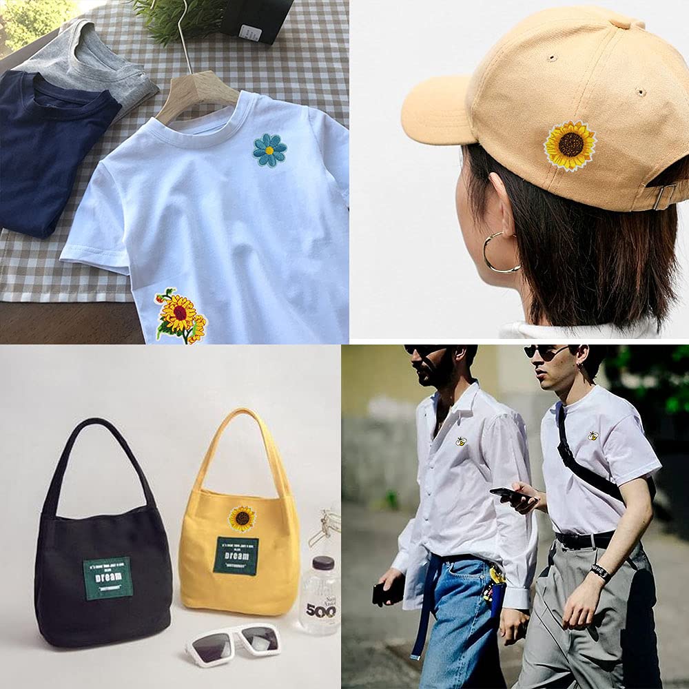 Embroidered Flowers Bee Iron on Patches 36pcs Cute Bumble Sunflower Daisy Patch for Clothing Sew on Embroidered Applique Decoration Sewing Patches for Bags Jackets Jeans Clothes DIY Patches