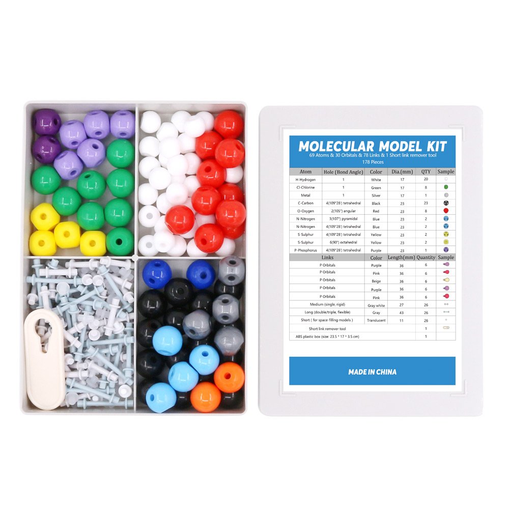 Swpeet 178 Pcs Molecular Model Kit for Inorganic & Organic Molecular Model Teacher and 16 Years and Over Teenages Kit - 69 Atoms & 30 Orbitals & 78 Links & 1 Short Link Remover Tool - Science Toys
