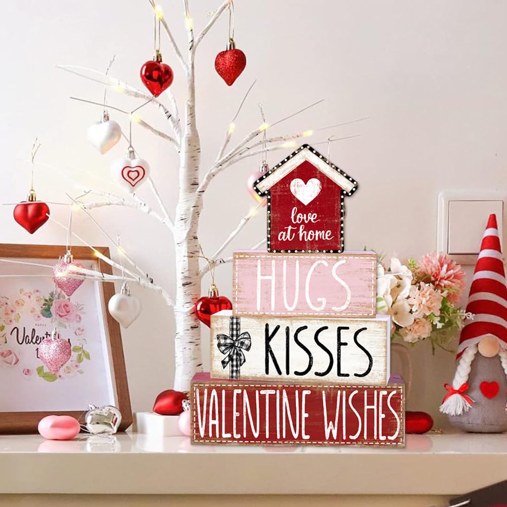 4Pcs Valentine's Day Table Decoration Valentine House Wooden Block Signs Rustic Valentine Tiered Tray Decor Valentines Day Centerpiece Sign for Farmhouse Holiday Tabletop Home Party Decor