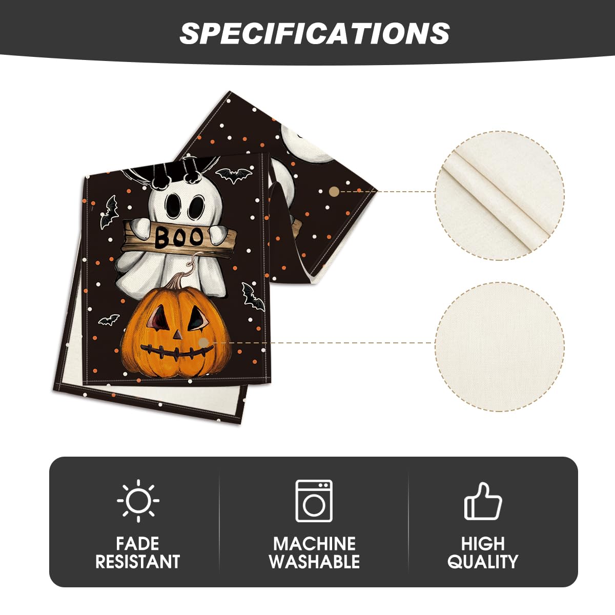 Polka Dot Ghost Pumpkin Cat Boo Halloween Table Runner, Bat Seasonal Fall Kitchen Dining Table Decoration for Home Party Decor 13x48 Inch