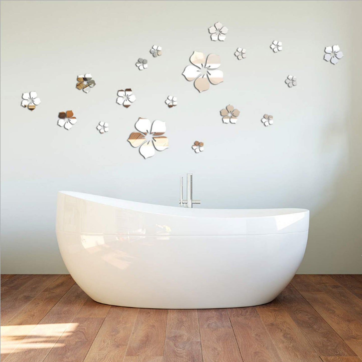 18pcs Acrylic Mirror Wall Sticker Decal for Home Living Room Bedroom Decor 3D Flower DIY Wall Decoration Silver