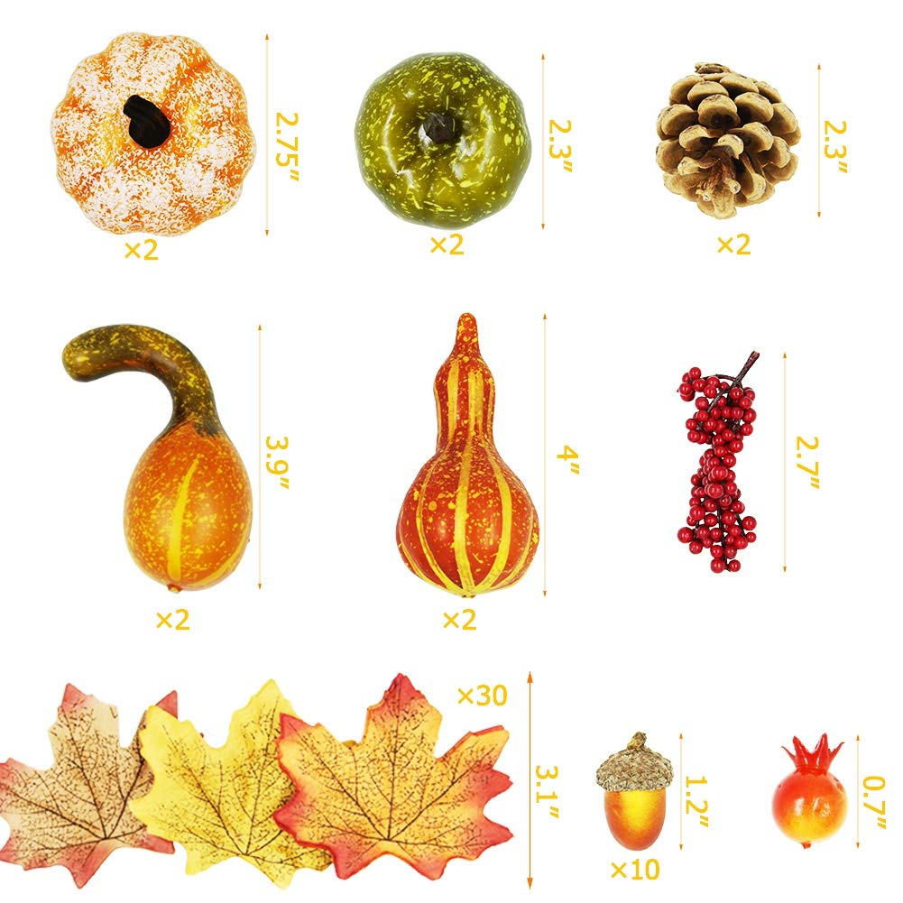 winemana Thanksgiving Harvest Mini Artificial Pumpkins, 30 Maple Leaves 10 Acorns 2 Pinecones 8 Pumpkins 2 Red Berry 5 Pomegranate Pumpkin Decoration for Fall Autumn Harvest Day, Set of 57
