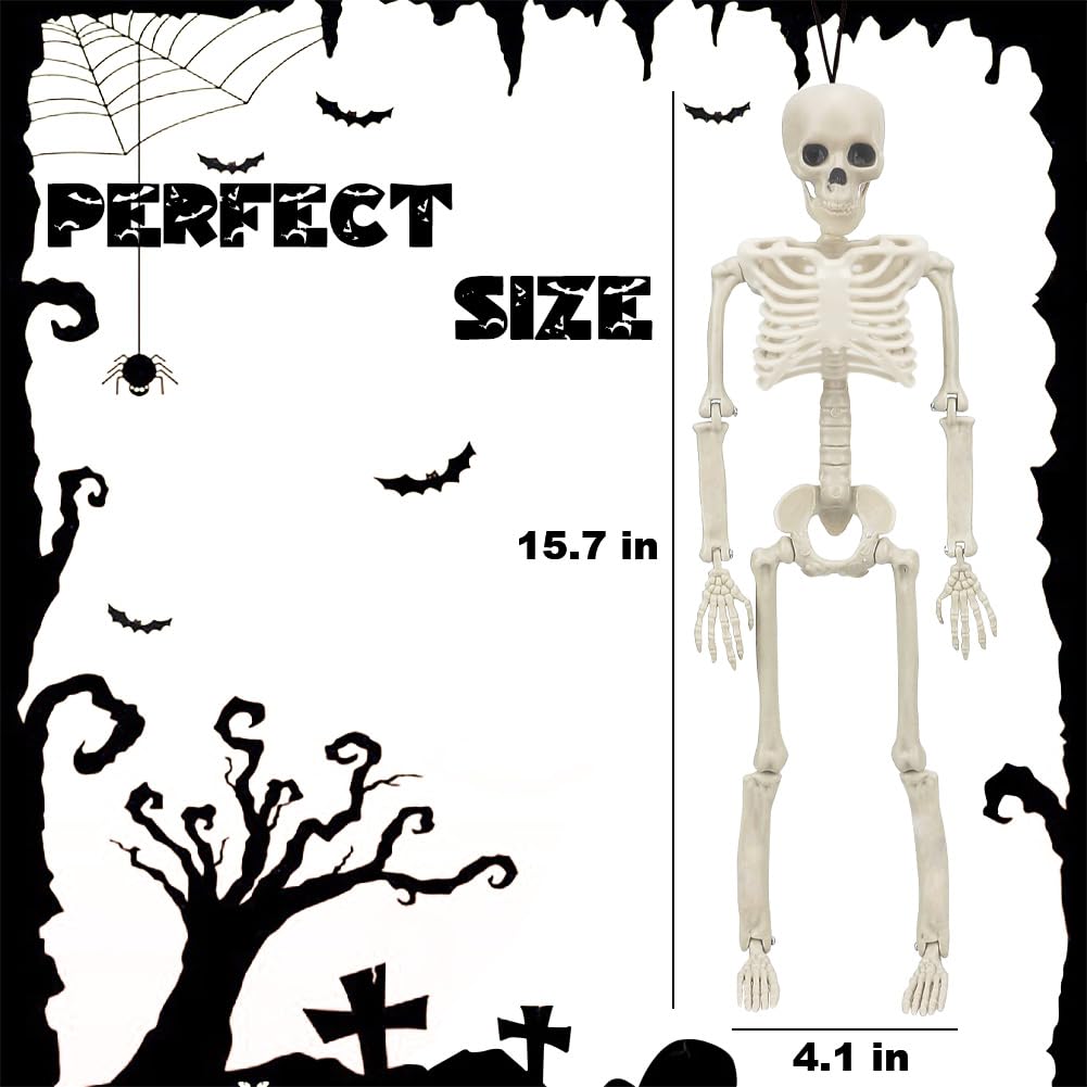 5 Packs Halloween Skeleton Decorations, 16" Halloween Full Body Mini Skeleton with Movable Posable Joints, Spooky Plastic Skeleton for Yard Garden Lawn Haunted House Graveyard Props Decor
