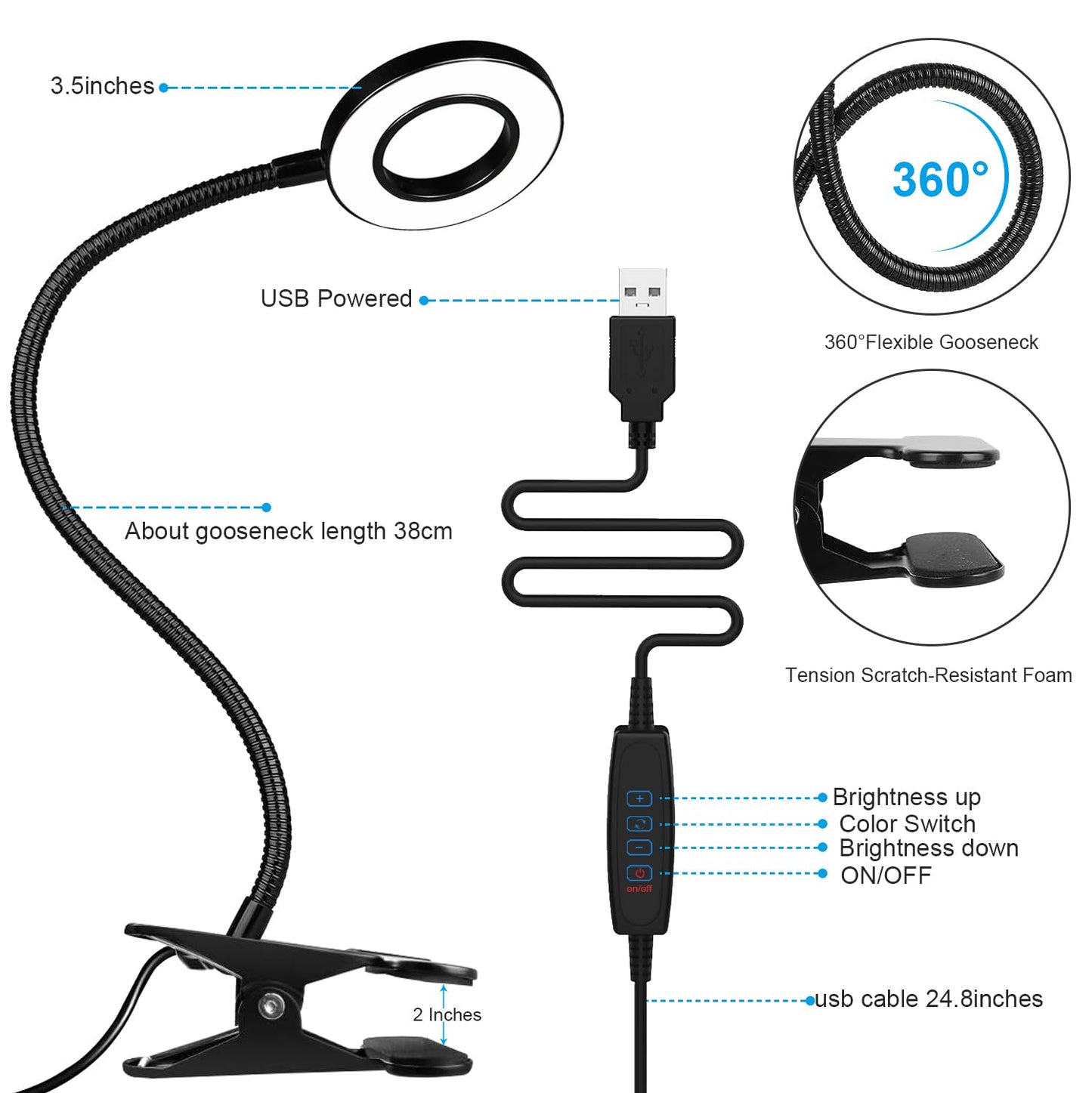 2 Pack LED Clip on Lamp Book Light for Kids Reading in Bed, 3 Color Modes with 10 Levels Brightness Flexible Gooseneck Clamp for Bed Headboard Video, Craft, Make up, Study