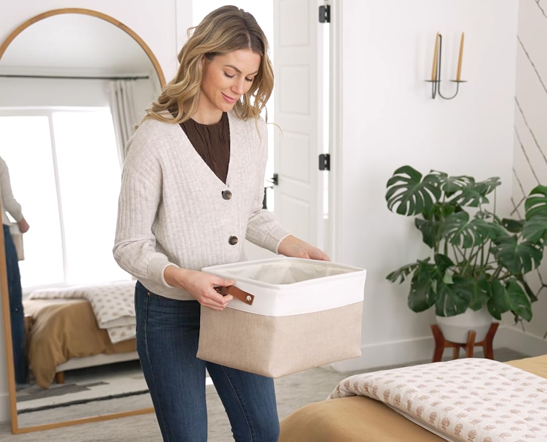 Large Fabric Storage Baskets for Shelves 3 Pack, 15x11in Closet Storage Bins for Shelves, Cloth Baskets for Organizing, Linen Closet Organizers, Fabric Basket, Beige/White