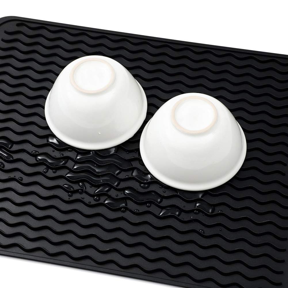 Silicone Dish Drying Mat for Multiple Usage,Easy clean,Eco-friendly,Heat-resistant Silicone Mat for Kitchen Counter or Sink,Refrigerator or drawer liner Black L 16 inches x 12 inches