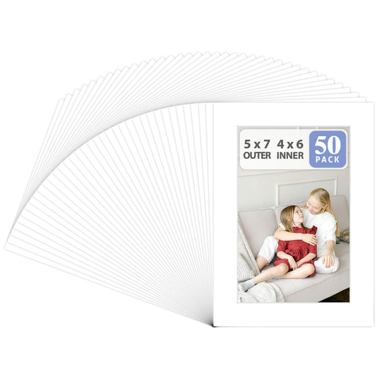 Golden State Art, Pack of 50, Acid-Free White Pre-Cut 5x7 Picture Mat for 4x6 Photo with White Core Bevel Cut Frame Mattes