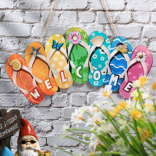 Summer Slippers Hanging Sign Shape Welcome Hello Flip Flop Wooden Door Plaque Rustic Wall Sign Yard Indoor Outdoor Garden Decoration with Rope (Welcome)