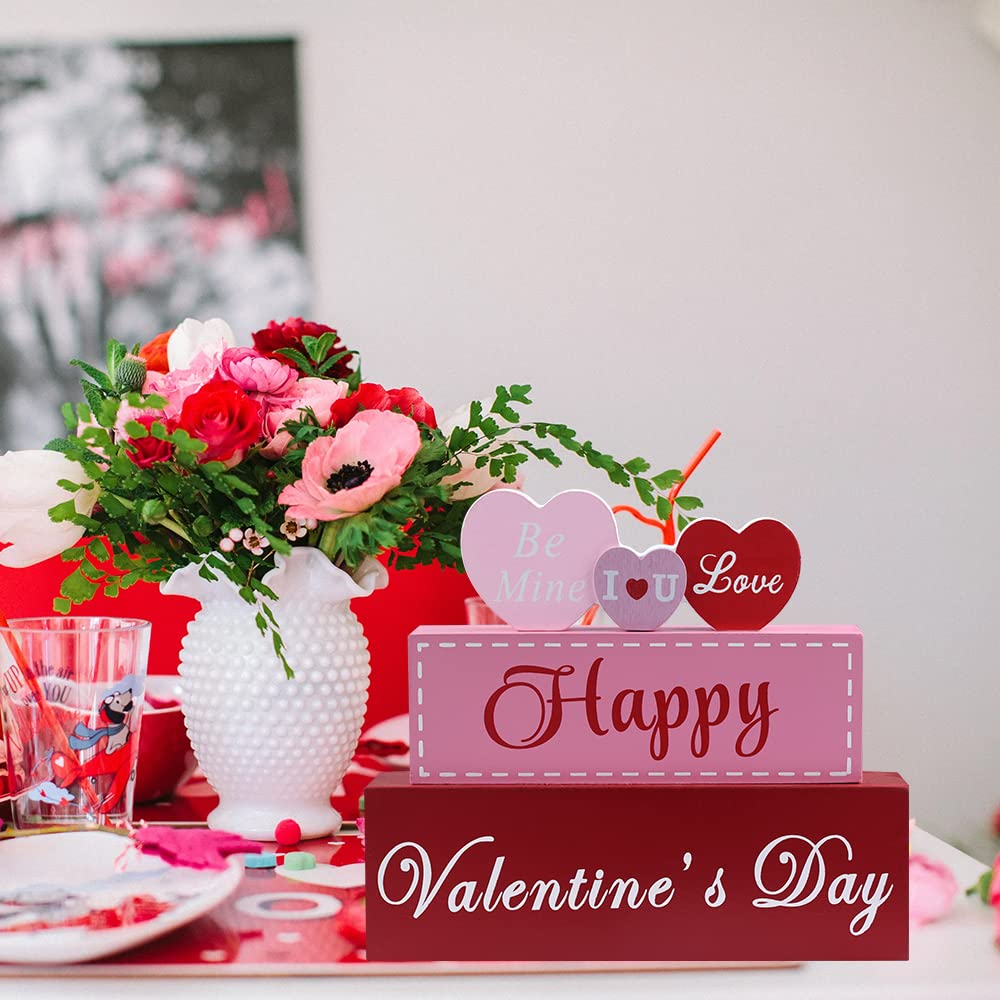 Valentines Day Decor, 3-Layered Pink Red Heart Wood Block Set Valentines Day Decoration, Happy Valentine's Day Sign Valentines Day Decorations for The Home, Living Room, Mantle, Dining Table