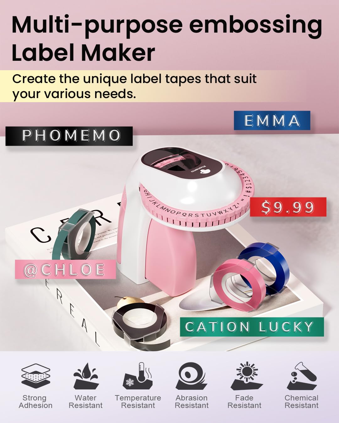 Phomemo E975 Embossing Label Maker Machine with 6 Tapes, 3D Vintage Embossed Label Maker Writer, Handheld Old School Label Maker with 6 Rolls Embossing Tapes for Office Home Organization and DIY -Pink