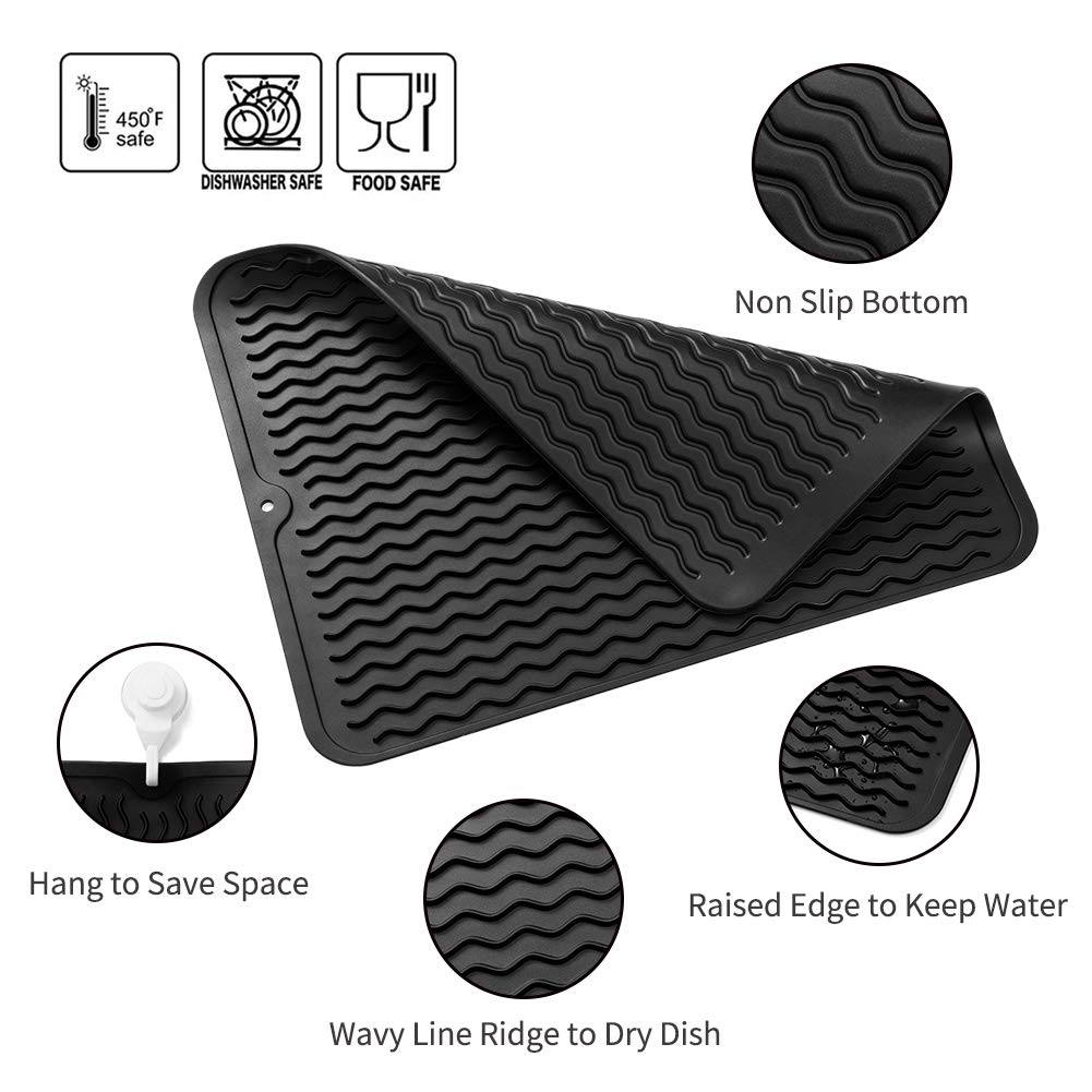 Silicone Dish Drying Mat for Multiple Usage,Easy clean,Eco-friendly,Heat-resistant Silicone Mat for Kitchen Counter or Sink,Refrigerator or drawer liner Black L 16 inches x 12 inches