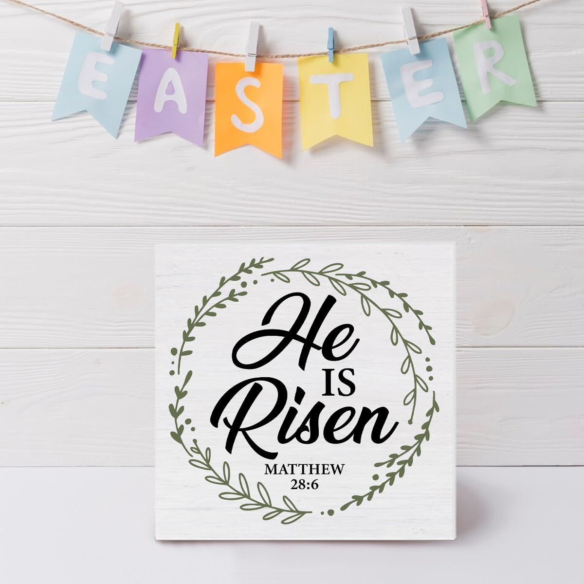 Christian Decor Rustic He Is Risen Bible Verse Wooden Sign Easter Desk Decorations Home Bedroom Living Room Shelf Decor 5 x 5 Inches