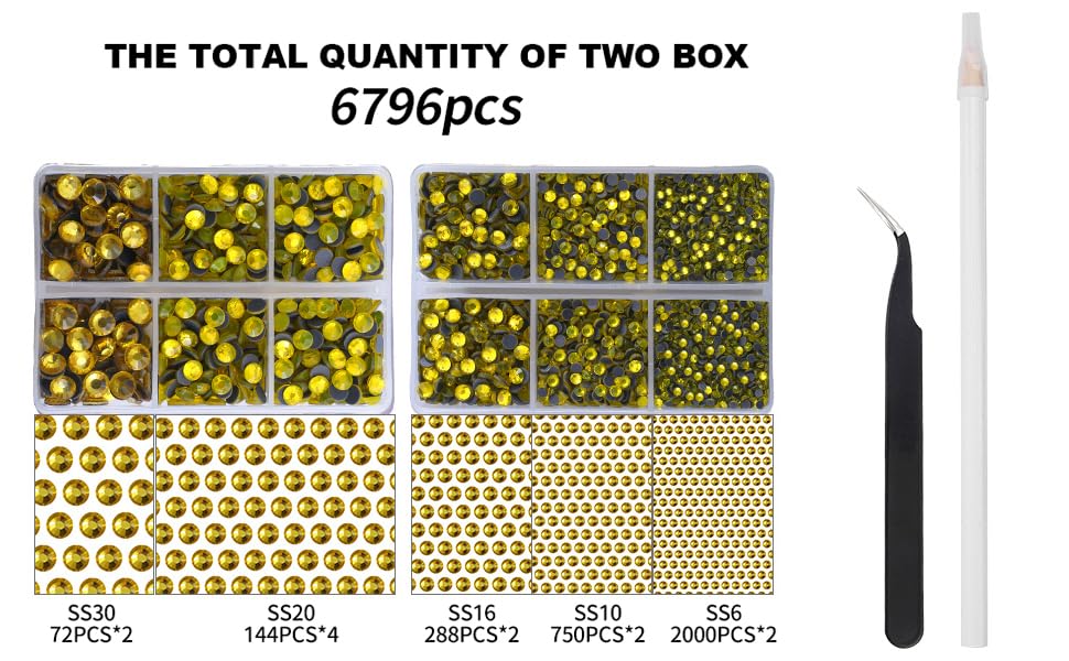 MEIBITE 6796PCS Yellow Hotfix Rhinestones Crystal Stones Glass for Fabric Clothes Shirts Sparkly Flat Back Round with Tweezers and Picking Pen (SS6~SS30 Set)